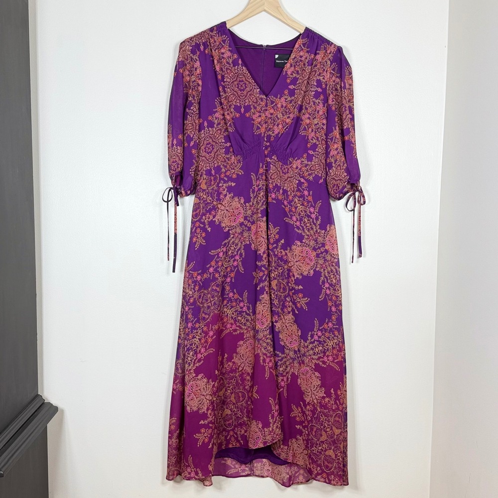 Maison Tara Womens Midi Dress Size 12 Purple Empire Waist Fairycore Whimsy Flowy